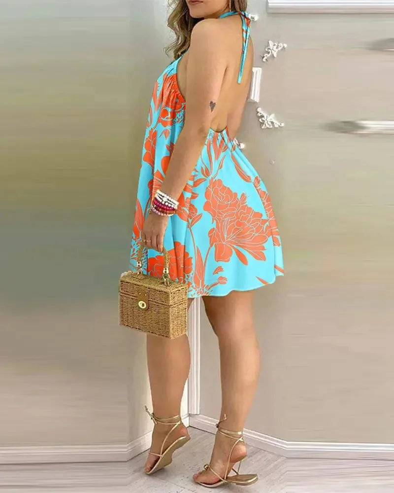 Vestido Mini "Tropical Breeze" – Estilo Halter con Espalda Descubierta para Verano