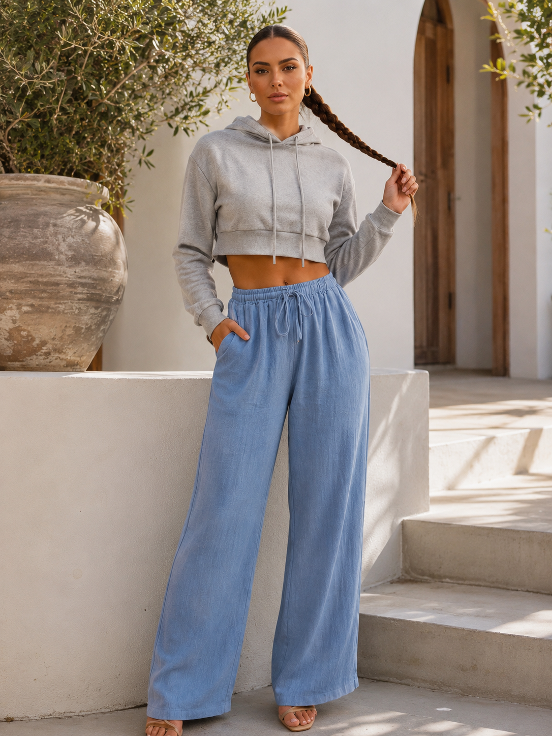 Pantalón Palazzo de Lino para Mujer | Pierna Ancha, Cintura Elástica con Cordón, Bolsillos y Ajuste Holgado