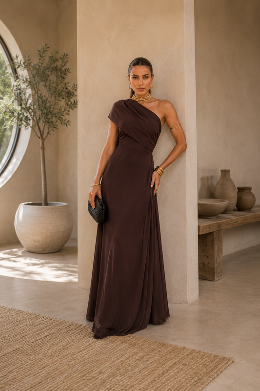Vestido Aitana Marrón – Elegancia Atemporal
