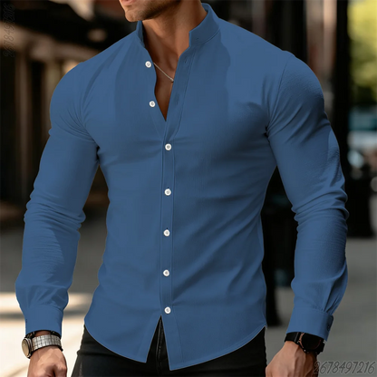 Camisa Premium Hombre Cuello Mao | Manga Larga Ajustada | Elegante, Casual y de Negocios