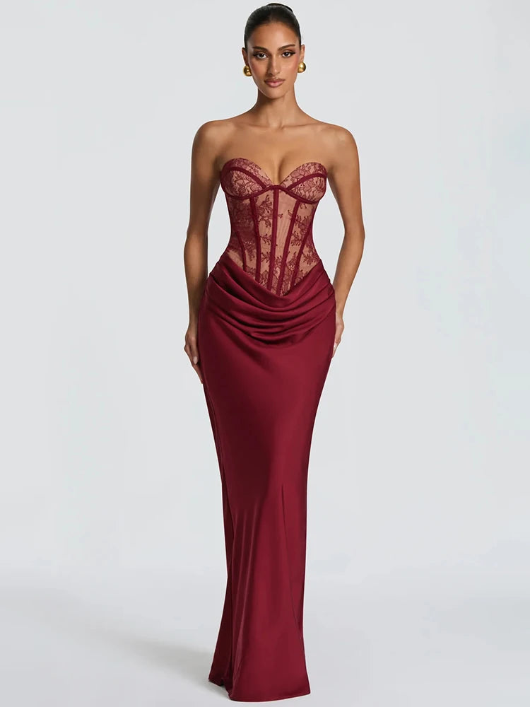 Vestido Maxi Estilo Corset "Mozision" – Satén, Encaje y Caída Elegante