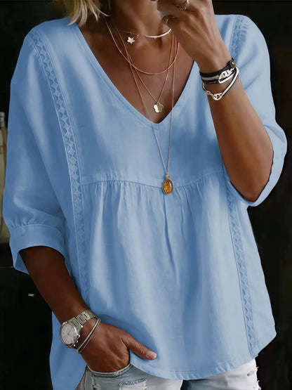 Blusa Casual Oversize Escote V con Encaje – Ligera, Fresca y Elegante para Primavera y Verano