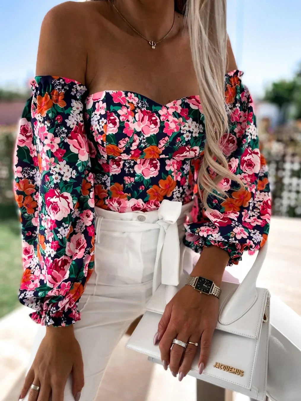 Blusa Floral Elegante para Mujer – Manga Larga, Escote Bardot y Estilo Casual Chic Primavera-Verano