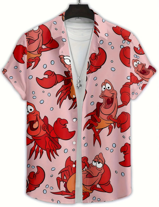 🦞 Camisa Hawaiana para Hombre con Estampado Tropical de Langostas y Cangrejos, Manga Corta de Verano