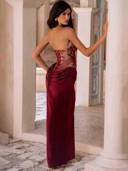 Vestido Maxi Estilo Corset "Mozision" – Satén, Encaje y Caída Elegante