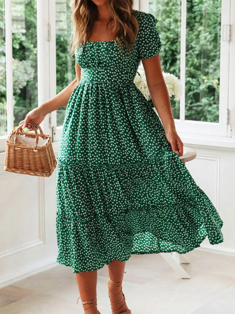 Vestido Vintage Breeze: Estampado Floral con Mangas Abullonadas