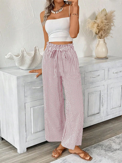 Pantalón Palazzo a Rayas para Mujer | Cintura Alta, Bolsillos y Cordón Ajustable