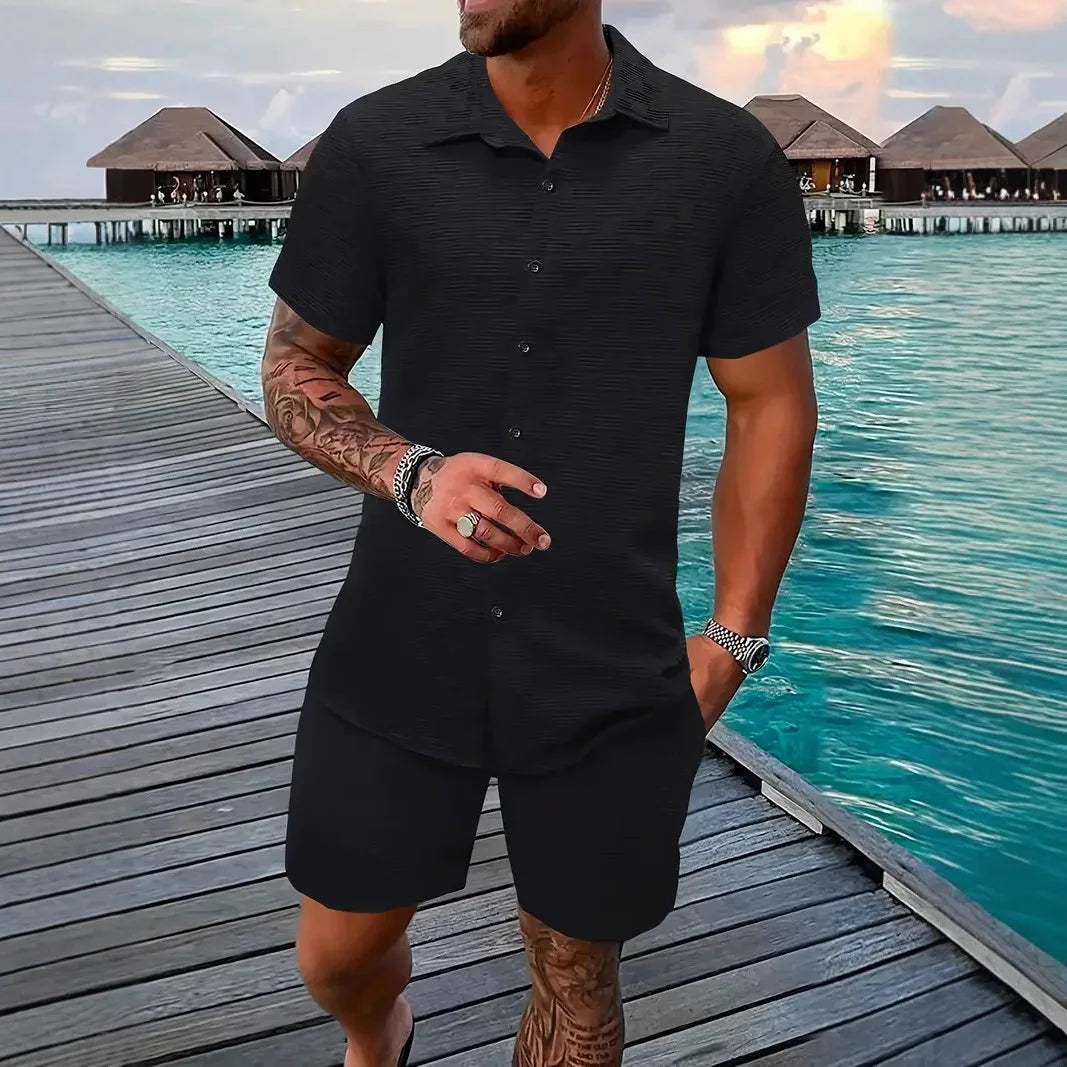 Conjunto Resort Jacquard: Camisa de Solapa y Shorts