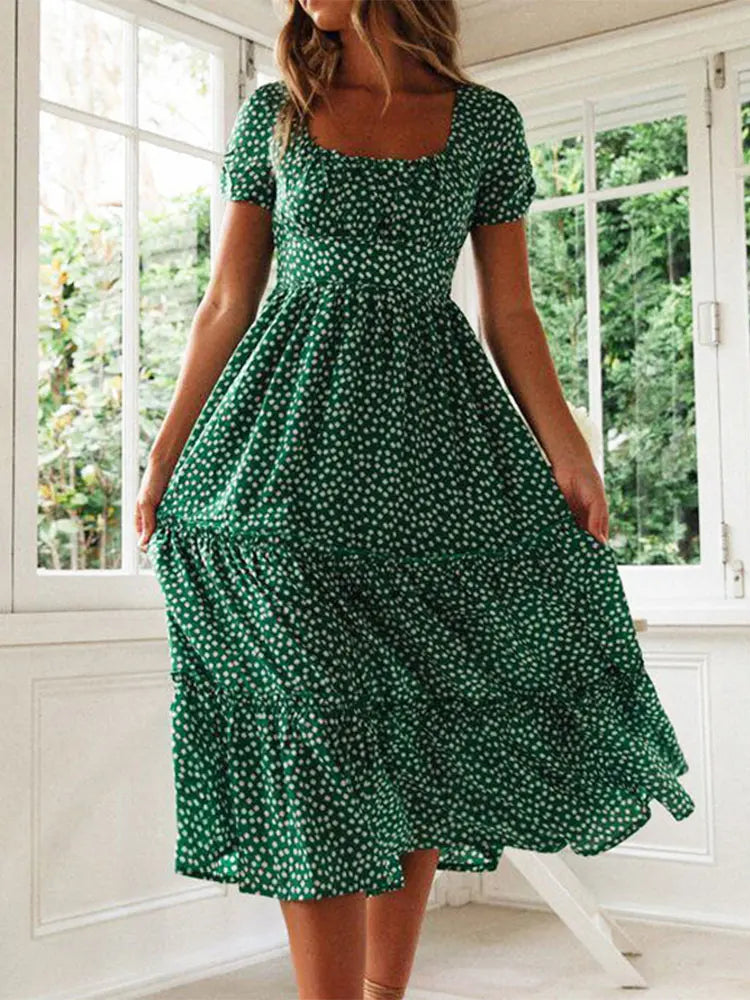Vestido Vintage Breeze: Estampado Floral con Mangas Abullonadas