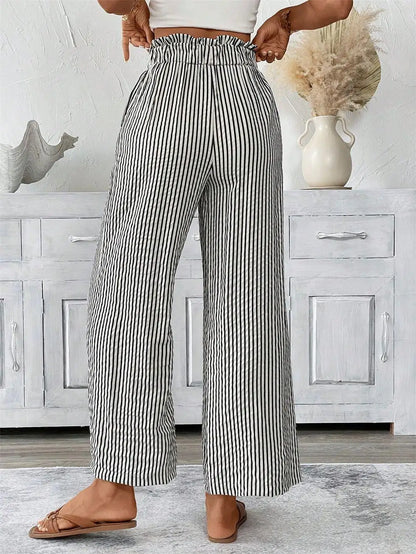 Pantalón Palazzo a Rayas para Mujer | Cintura Alta, Bolsillos y Cordón Ajustable