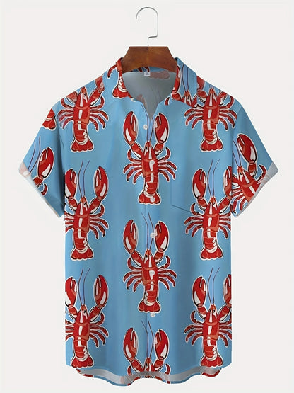 🦞 Camisa Hawaiana para Hombre con Estampado Tropical de Langostas y Cangrejos, Manga Corta de Verano