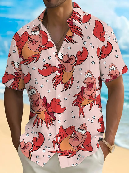 🦞 Camisa Hawaiana para Hombre con Estampado Tropical de Langostas y Cangrejos, Manga Corta de Verano