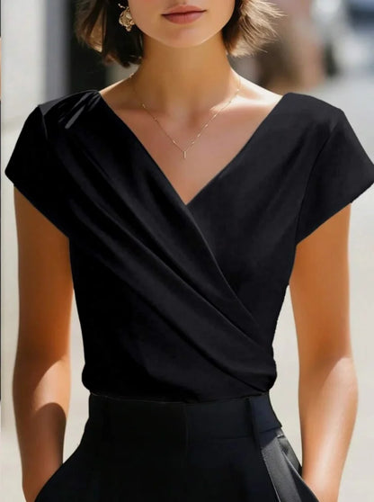 Blusa Elegante Cruzada para Mujer – Escote en V, Manga Corta y Estilo Ejecutivo