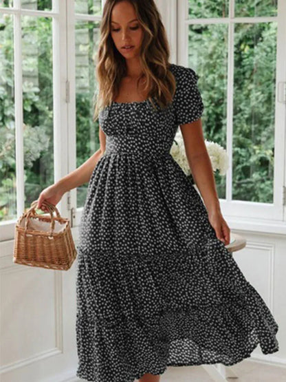 Vestido Vintage Breeze: Estampado Floral con Mangas Abullonadas