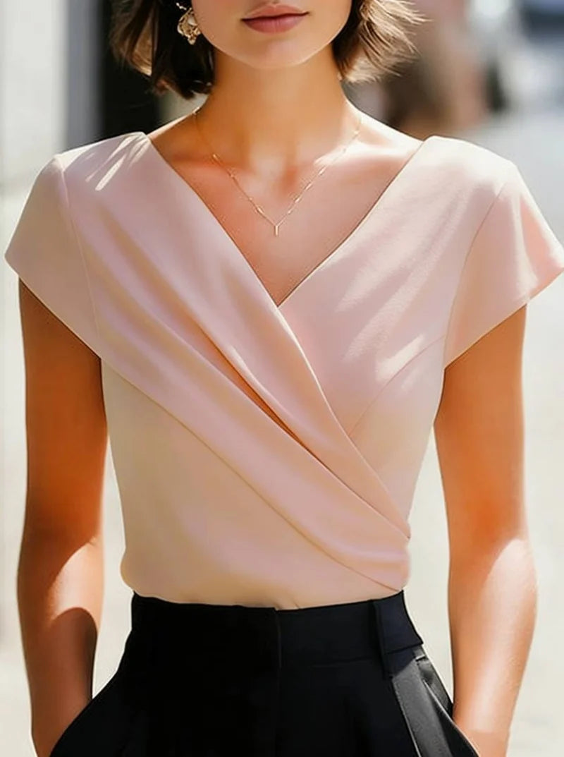 Blusa Elegante Cruzada para Mujer – Escote en V, Manga Corta y Estilo Ejecutivo
