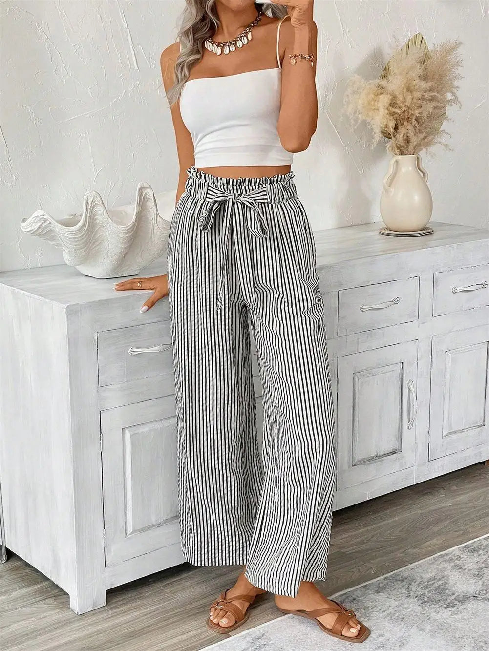 Pantalón Palazzo a Rayas para Mujer | Cintura Alta, Bolsillos y Cordón Ajustable