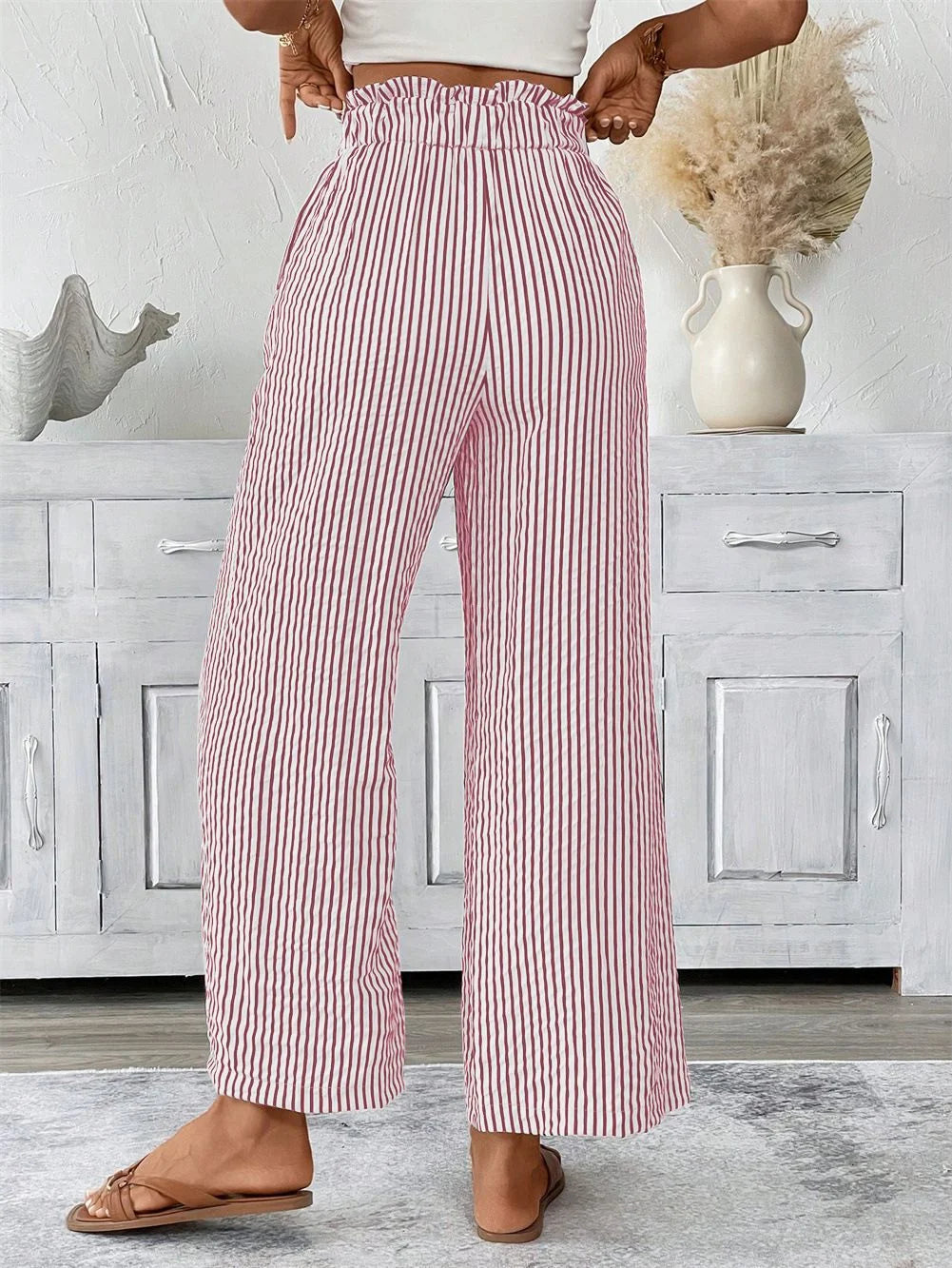 Pantalón Palazzo a Rayas para Mujer | Cintura Alta, Bolsillos y Cordón Ajustable