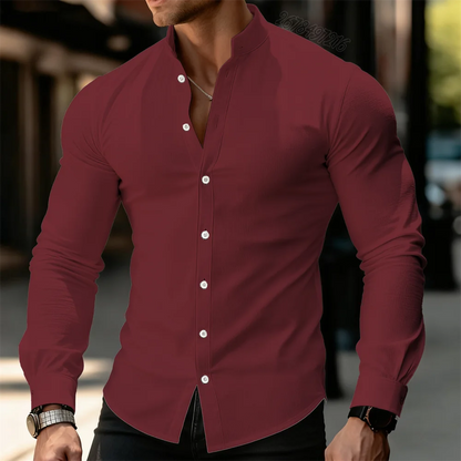 Camisa Premium Hombre Cuello Mao | Manga Larga Ajustada | Elegante, Casual y de Negocios