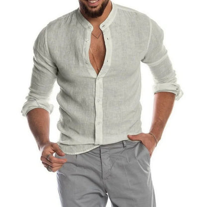 Camisa Hombre de Manga Larga con Cuello Mao | Ligera, Transpirable y Casual para Primavera y Verano