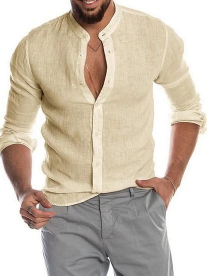 Camisa Hombre de Manga Larga con Cuello Mao | Ligera, Transpirable y Casual para Primavera y Verano