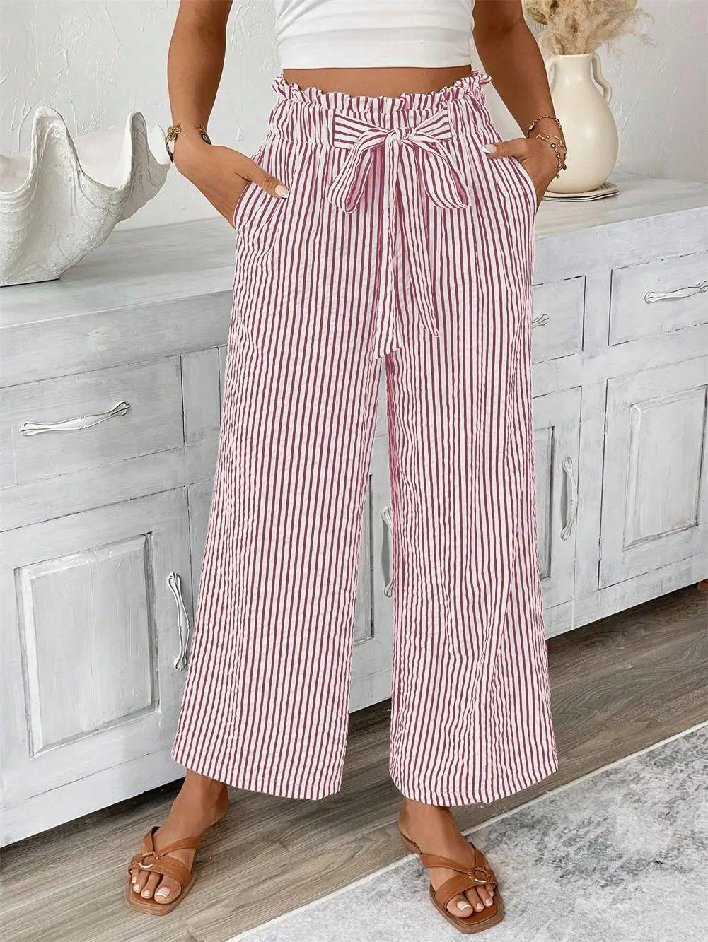 Pantalón Palazzo a Rayas para Mujer | Cintura Alta, Bolsillos y Cordón Ajustable