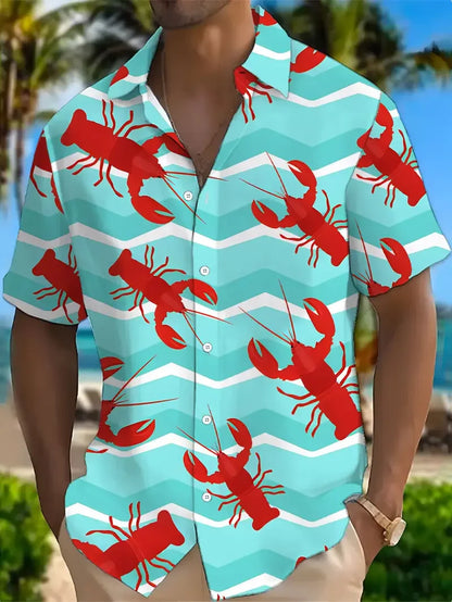 🦞 Camisa Hawaiana para Hombre con Estampado Tropical de Langostas y Cangrejos, Manga Corta de Verano