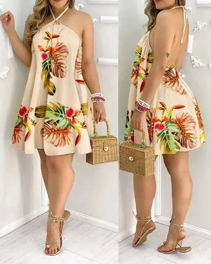 Vestido Tropical Breeze: Mini Vestido Halter con Estampado Tropical