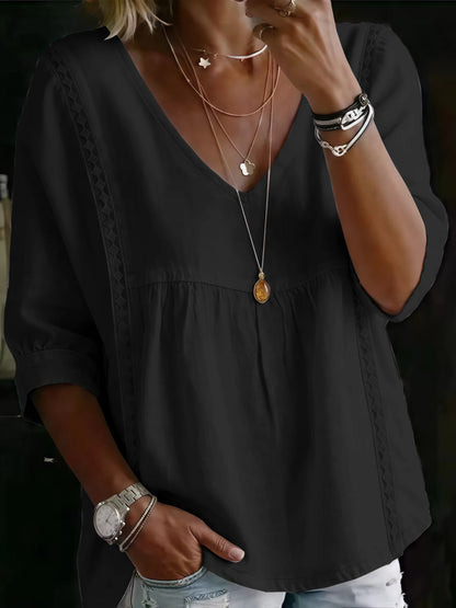 Blusa Casual Oversize Escote V con Encaje – Ligera, Fresca y Elegante para Primavera y Verano