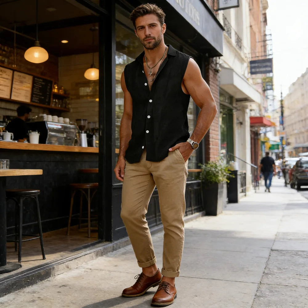 Camisa Sin Mangas de Algodón y Lino para Hombre | Ligera, Fresca y Casual para Verano
