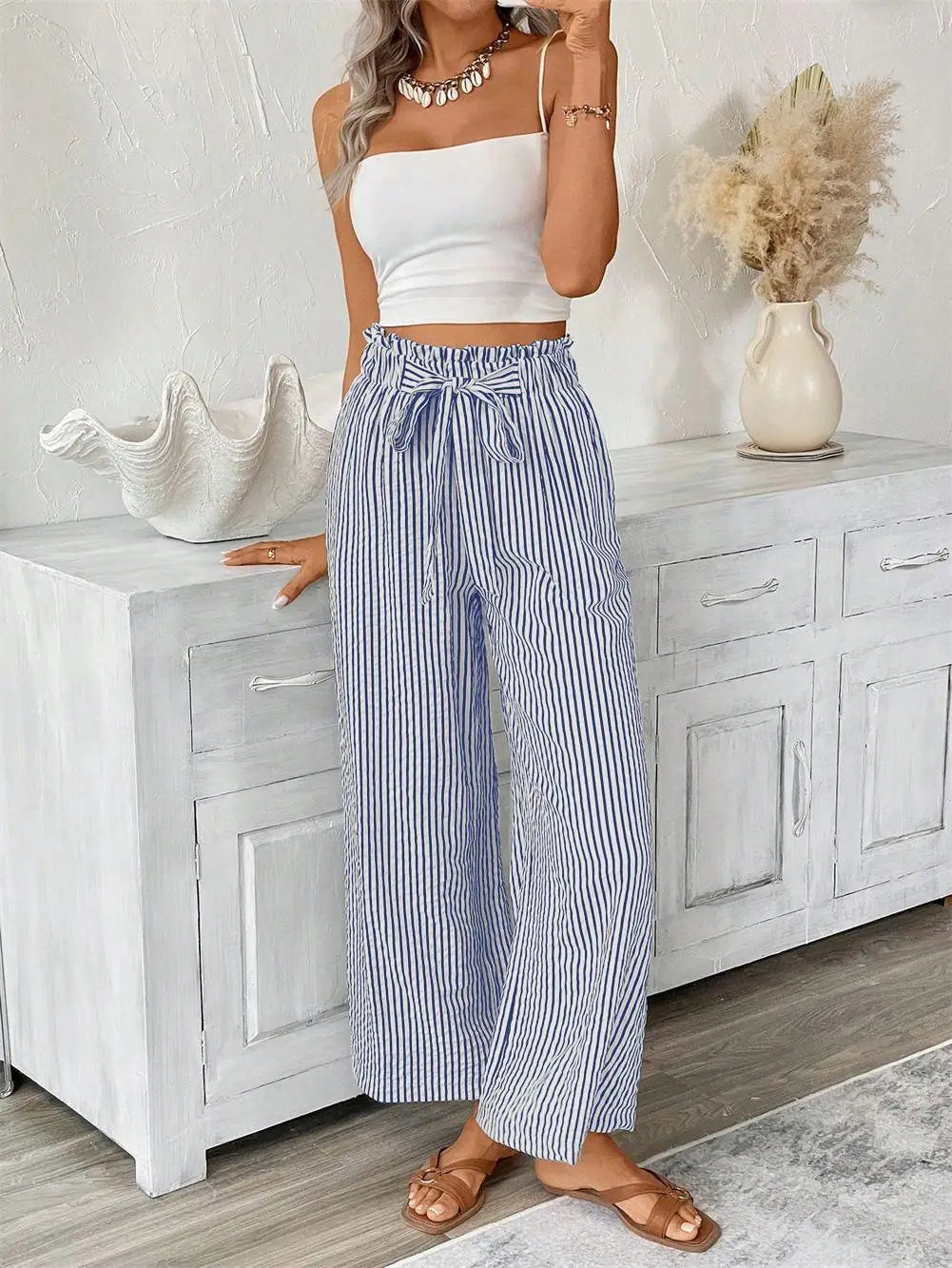 Pantalón Palazzo a Rayas para Mujer | Cintura Alta, Bolsillos y Cordón Ajustable