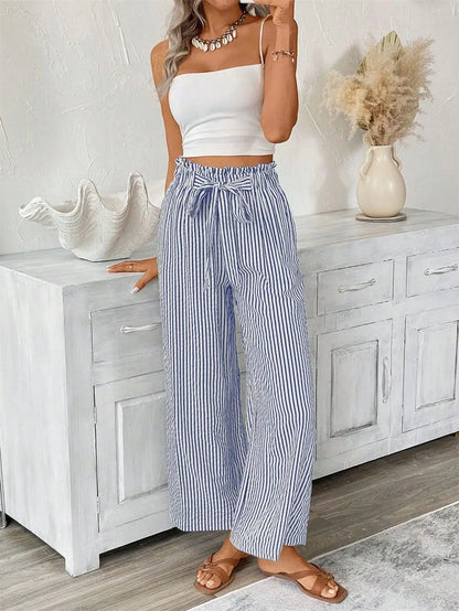 Pantalón Palazzo a Rayas para Mujer | Cintura Alta, Bolsillos y Cordón Ajustable