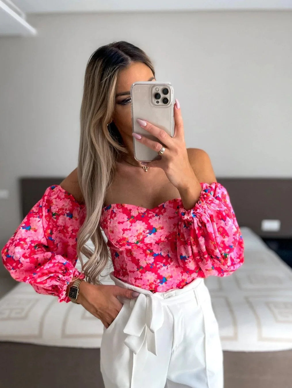 Blusa Floral Elegante para Mujer – Manga Larga, Escote Bardot y Estilo Casual Chic Primavera-Verano