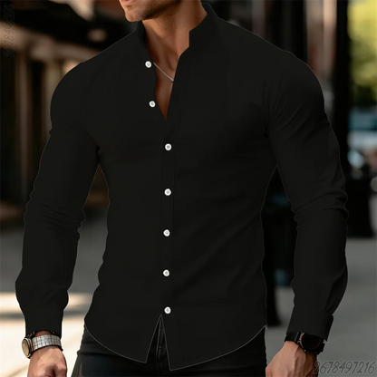 Camisa Premium Hombre Cuello Mao | Manga Larga Ajustada | Elegante, Casual y de Negocios