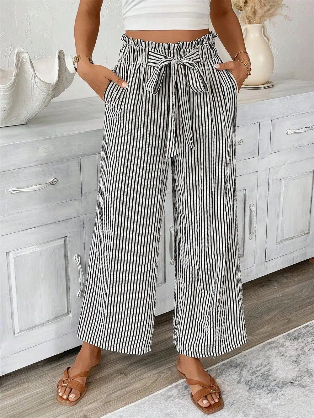 Pantalón Palazzo a Rayas para Mujer | Cintura Alta, Bolsillos y Cordón Ajustable