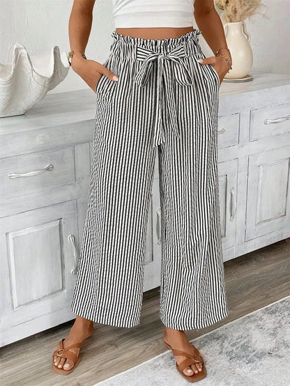 Pantalón Palazzo a Rayas para Mujer | Cintura Alta, Bolsillos y Cordón Ajustable