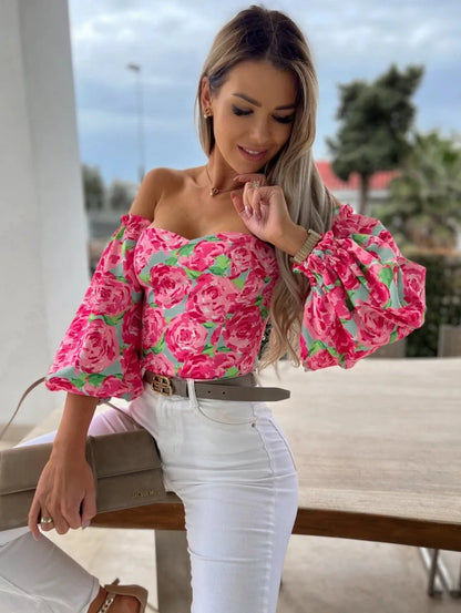 Blusa Floral Elegante para Mujer – Manga Larga, Escote Bardot y Estilo Casual Chic Primavera-Verano