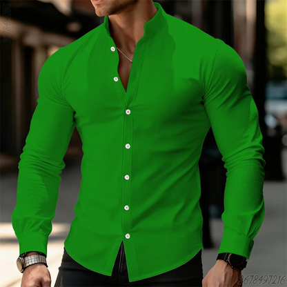Camisa Premium Hombre Cuello Mao | Manga Larga Ajustada | Elegante, Casual y de Negocios