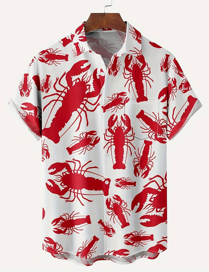 🦞 Camisa Hawaiana para Hombre con Estampado Tropical de Langostas y Cangrejos, Manga Corta de Verano