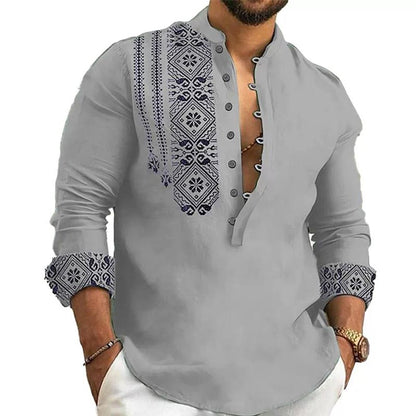 🛍️ 50 % Rabatt – Herren-Freizeithemd mit Stehkragen – halboffene Knopfleiste, langärmelig & leicht – perfekt für den Sommer 👔