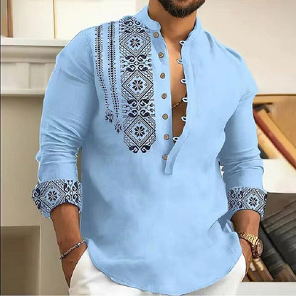 🛍️ 50 % Rabatt – Herren-Freizeithemd mit Stehkragen – halboffene Knopfleiste, langärmelig & leicht – perfekt für den Sommer 👔