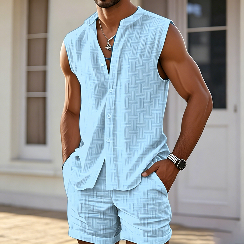 ⏰ 50 % RABATT – Nur für kurze Zeit ✨Sommer Herren Set – Ärmelloses Hemd mit Knopfleiste & Shorts 👕 Atmungsaktiv & Bequem