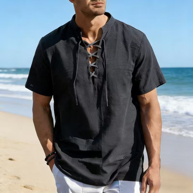 👔 Herren-Freizeithemd mit Schnürkordel – kurzärmelig, atmungsaktiv & vielseitig für Alltag, Reisen & warme Tage ☀️