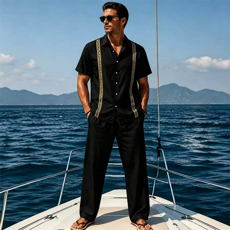 🌴 Hemd mit dezenten goldenen Knöpfen – kombiniert mit langen Hose, weicher Stoff & vielseitig kombinierbar, ideal für einen stilvollen Auftritt im Urlaub oder Alltag ✨