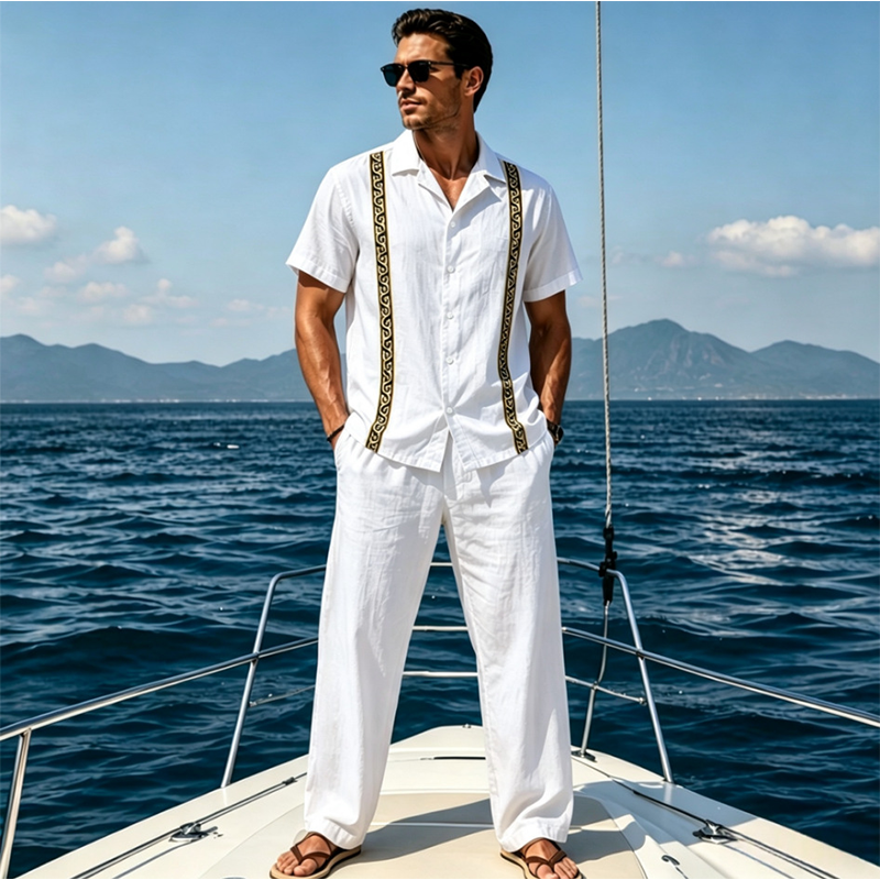 🌴 Hemd mit dezenten goldenen Knöpfen – kombiniert mit langen Hose, weicher Stoff & vielseitig kombinierbar, ideal für einen stilvollen Auftritt im Urlaub oder Alltag ✨