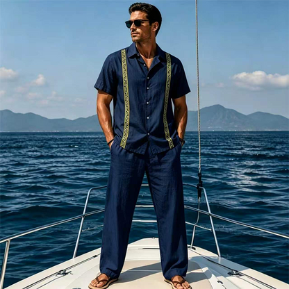 🌴 Hemd mit dezenten goldenen Knöpfen – kombiniert mit langen Hose, weicher Stoff & vielseitig kombinierbar, ideal für einen stilvollen Auftritt im Urlaub oder Alltag ✨