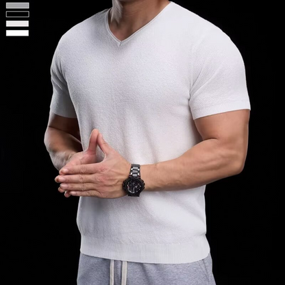 👕 50% RABATT! ✨ Atmungsaktives V-Ausschnitt Strick-T-Shirt – Strukturiert & sportlicher Schnitt – Perfekt für Gym, Streetstyle oder den Alltag – bequem & vielseitig 🏋️🔥